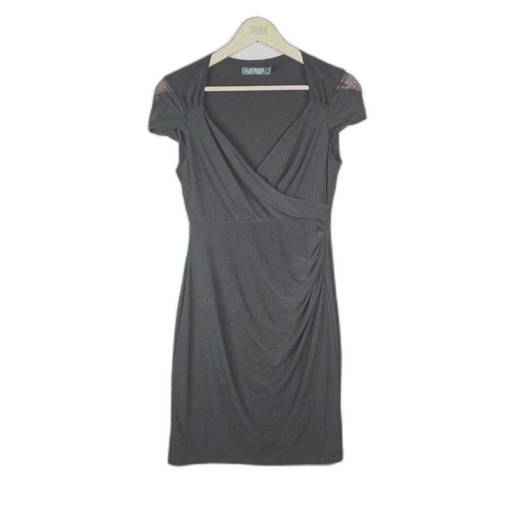 Lauren Ralph Lauren Dress Black 10P Ruched Faux Wrap Sheer Sleeve Career